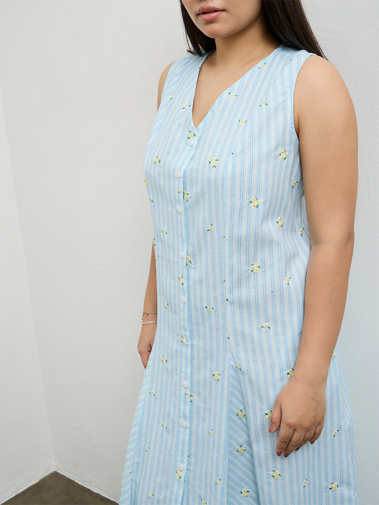 Gia Blue Striped Cotton-Blend Straight Dress