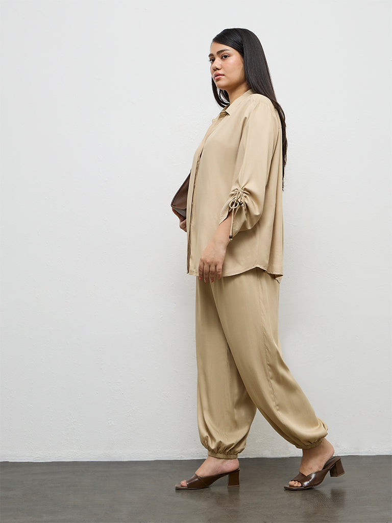 Gia Beige Solid High-Rise Pants