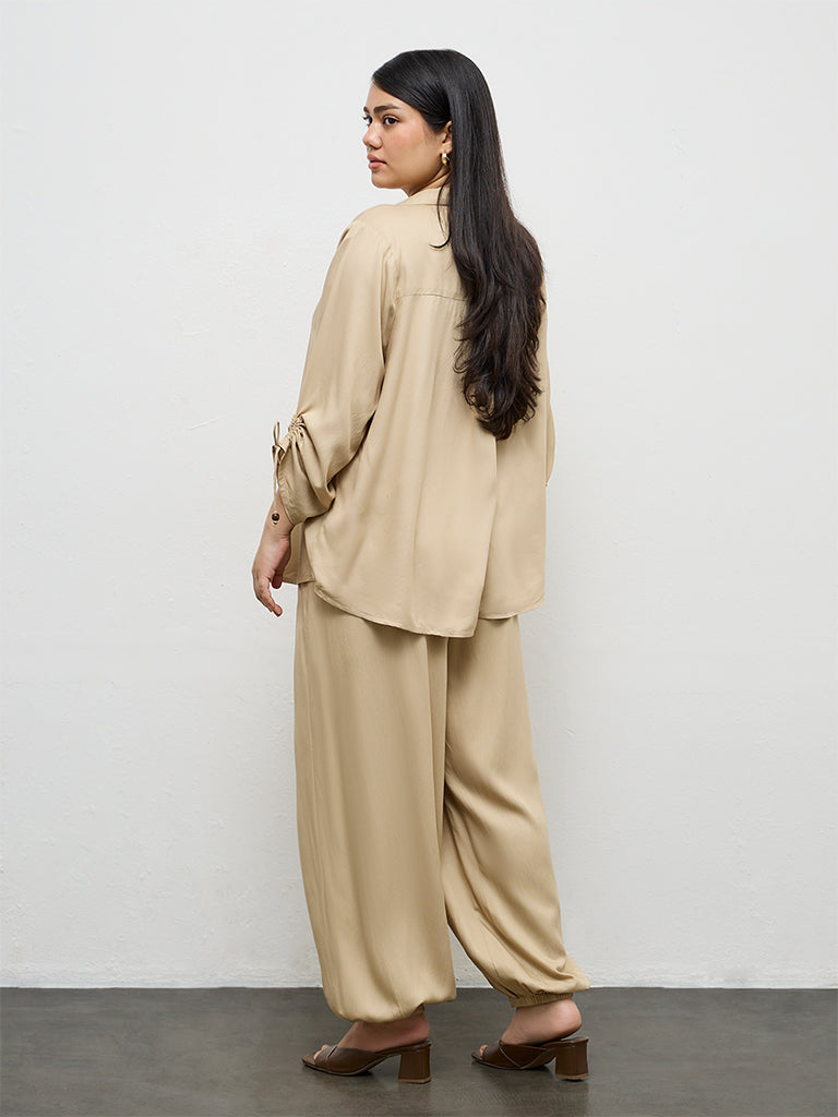 Gia Beige Solid High-Rise Pants