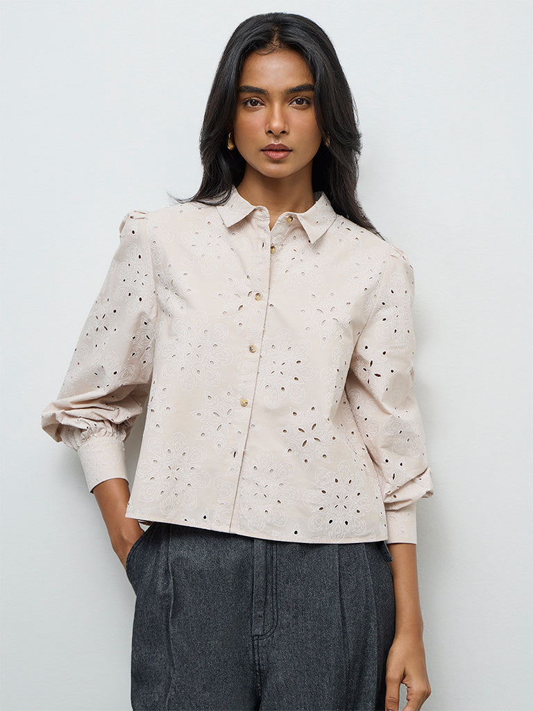LOV Light Beige Floral Embroidered Cotton Shirt