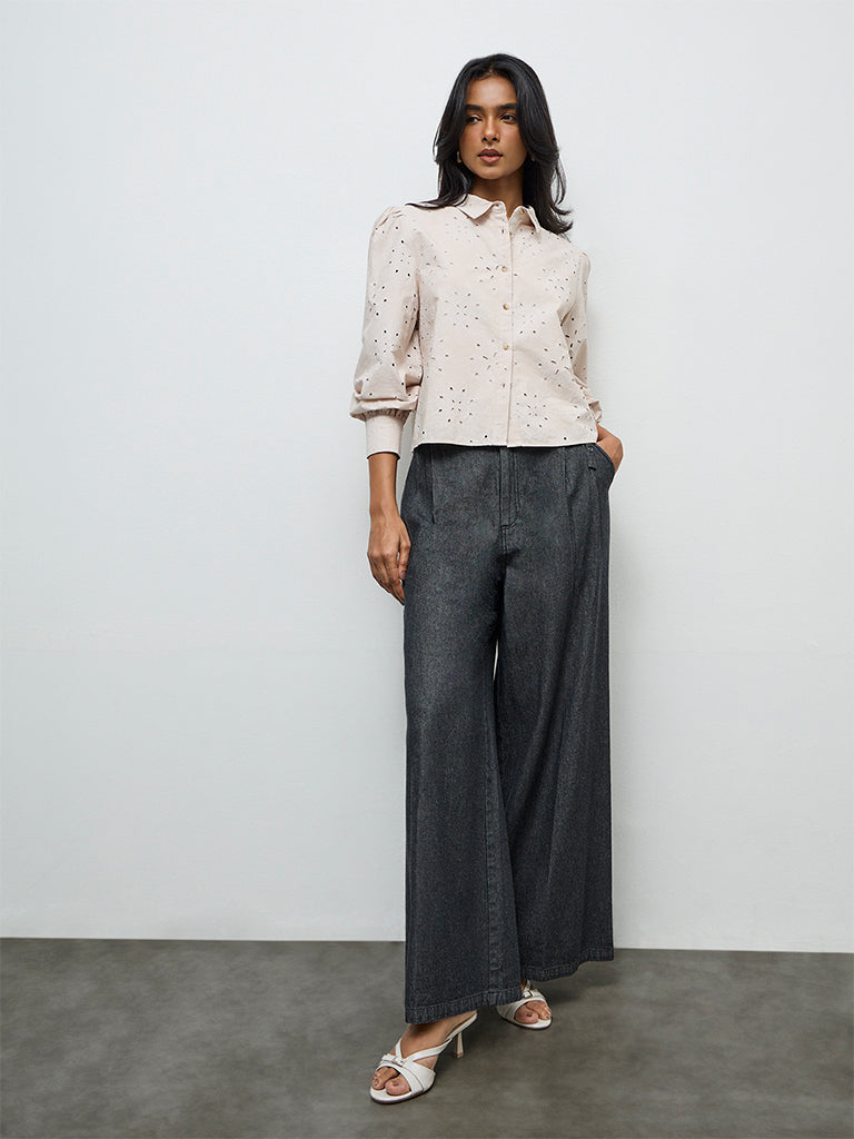 LOV Light Beige Floral Embroidered Cotton Shirt