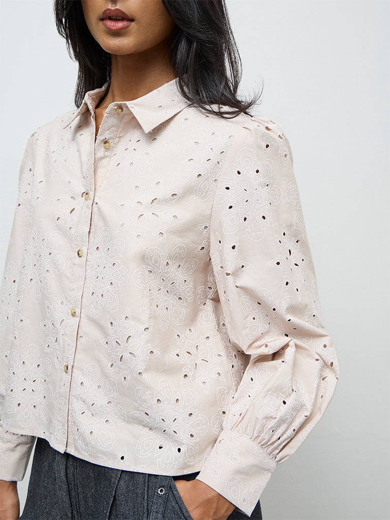LOV Light Beige Floral Embroidered Cotton Shirt