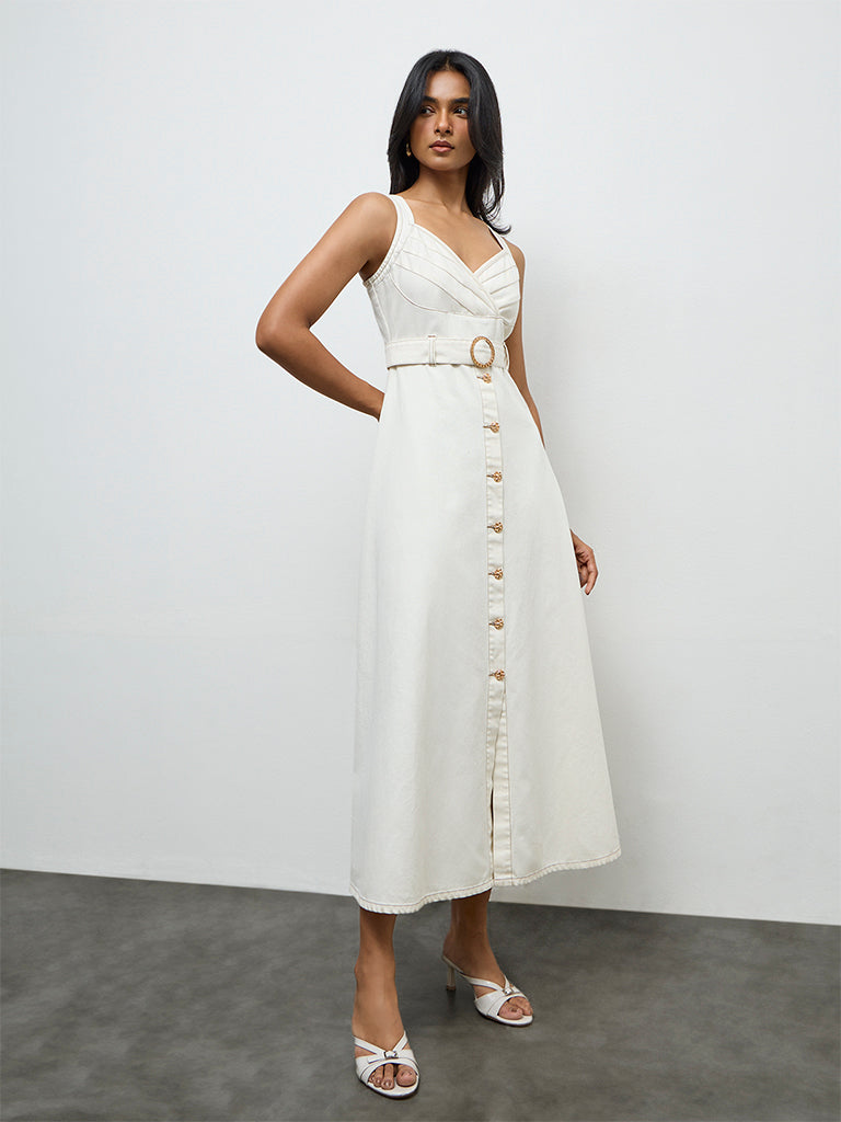 LOV Off-White Denim A-Line Dress with Belt