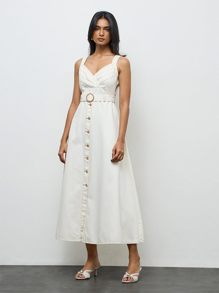LOV Off-White Denim A-Line Dress with Belt