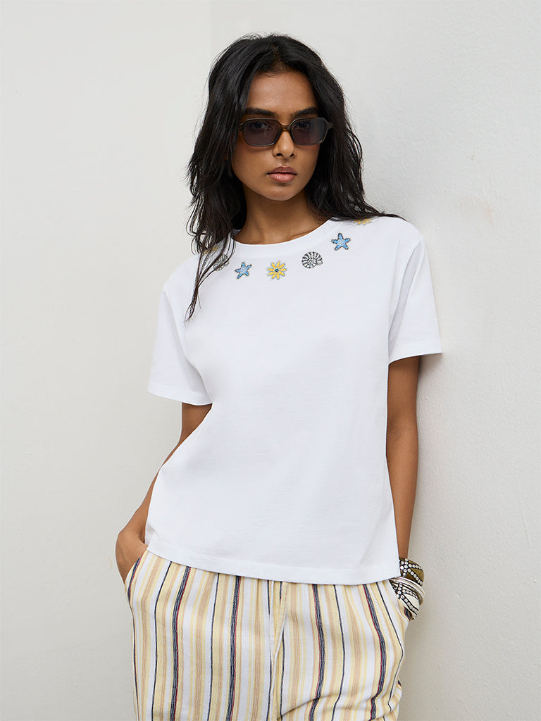 LOV White Embellished Cotton T-Shirt