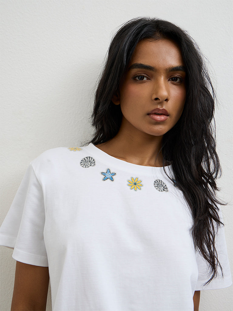 LOV White Embellished Cotton T-Shirt