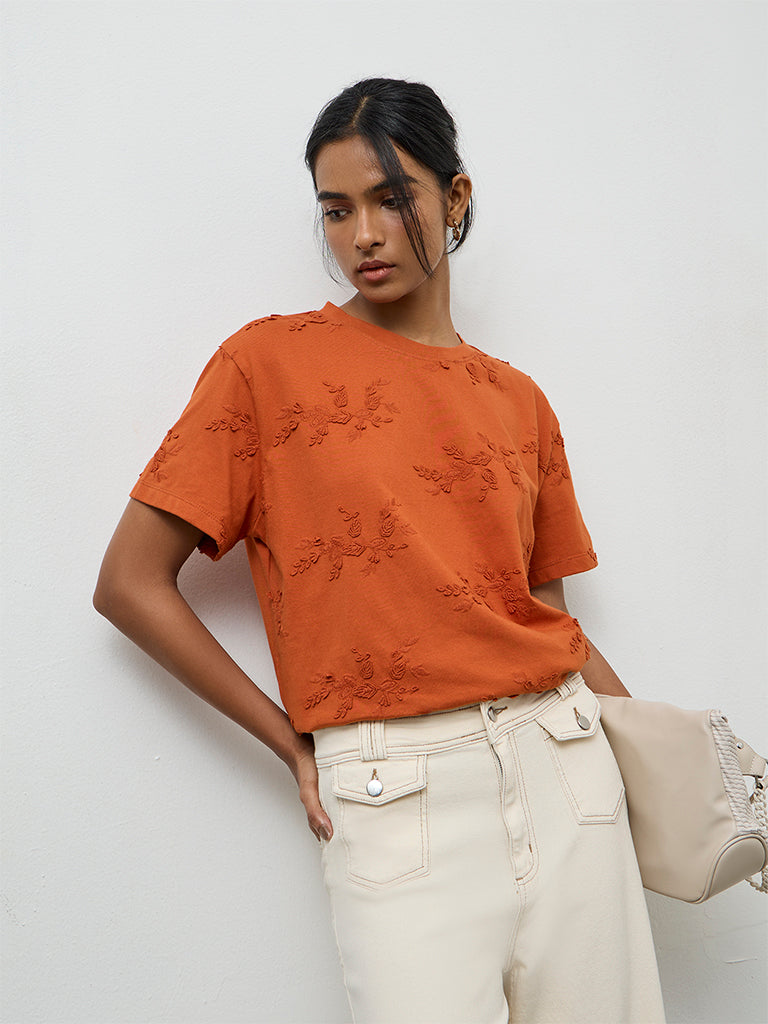 LOV Rust Botanical Embroidered Cotton T-Shirt