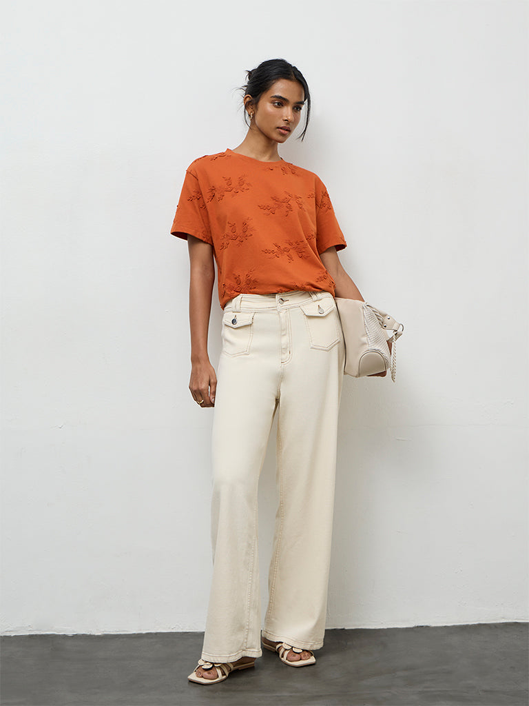 LOV Rust Botanical Embroidered Cotton T-Shirt