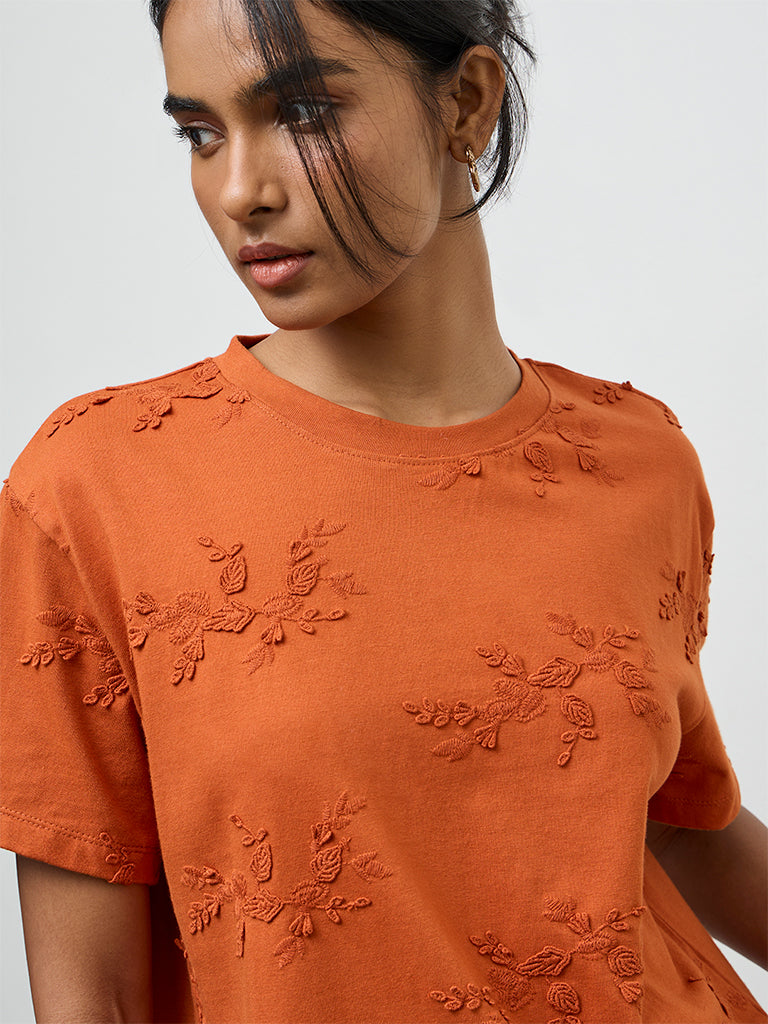 LOV Rust Botanical Embroidered Cotton T-Shirt