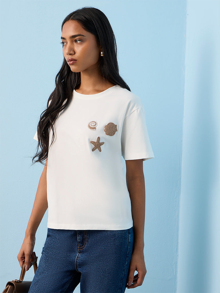 LOV Off-White Embroidered Cotton-Blend T-Shirt