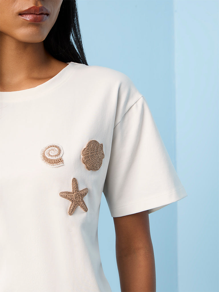 LOV Off-White Embroidered Cotton-Blend T-Shirt