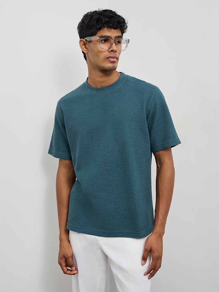ETA Teal Textured Relaxed-Fit Cotton-Blend T-Shirt