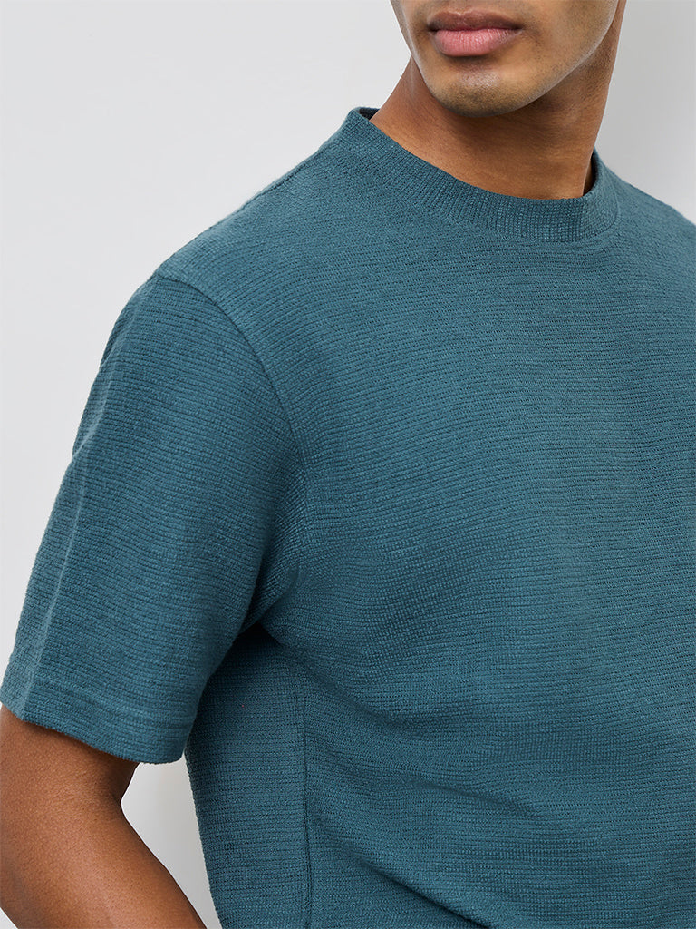 ETA Teal Textured Relaxed-Fit Cotton-Blend T-Shirt