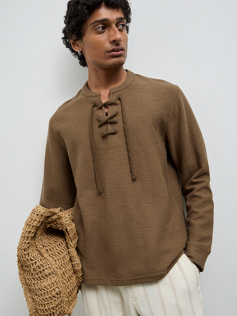 ETA Brown Waffle-Textured Relaxed-Fit Cotton-Blend T-Shirt