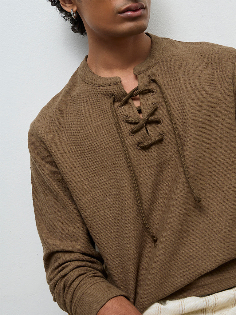 ETA Brown Waffle-Textured Relaxed-Fit Cotton-Blend T-Shirt