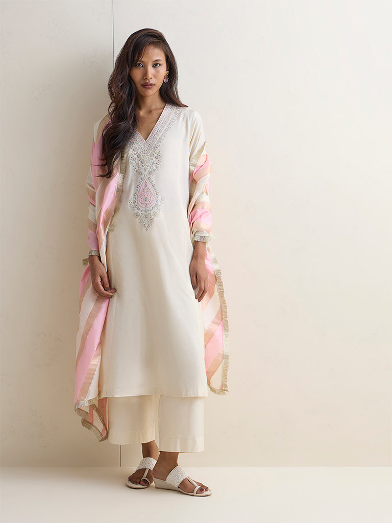 Vark Ivory Embroidered A-Line Ethnic Set