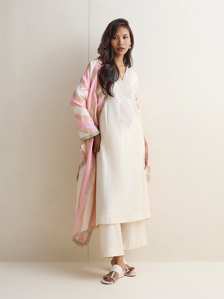 Vark Ivory Embroidered A-Line Ethnic Set