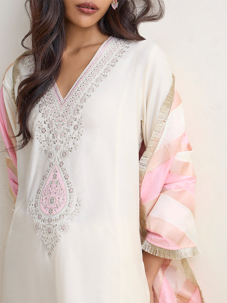 Vark Ivory Embroidered A-Line Ethnic Set