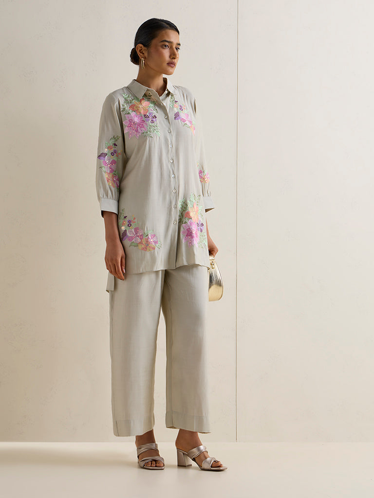 Vark Grey Floral Embroidered Co-ord Set