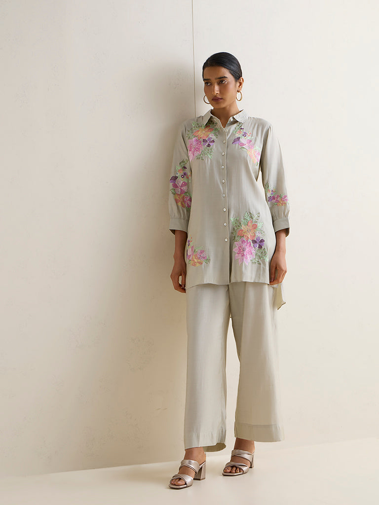 Vark Grey Floral Embroidered Co-ord Set