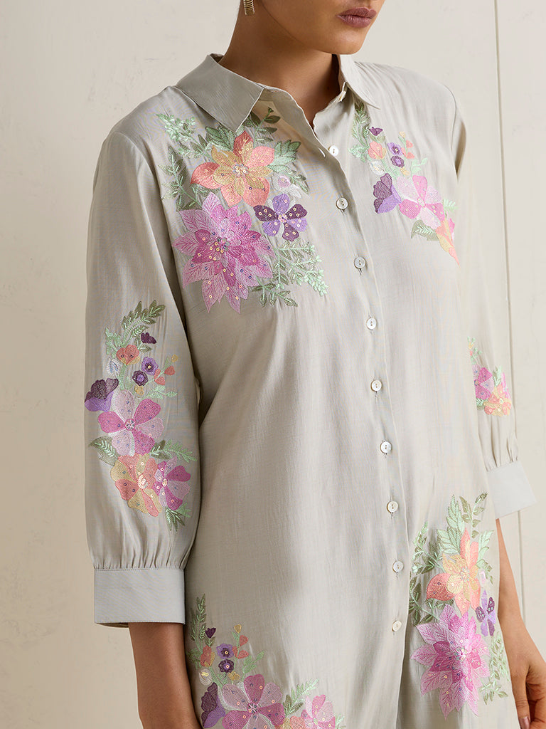 Vark Grey Floral Embroidered Co-ord Set