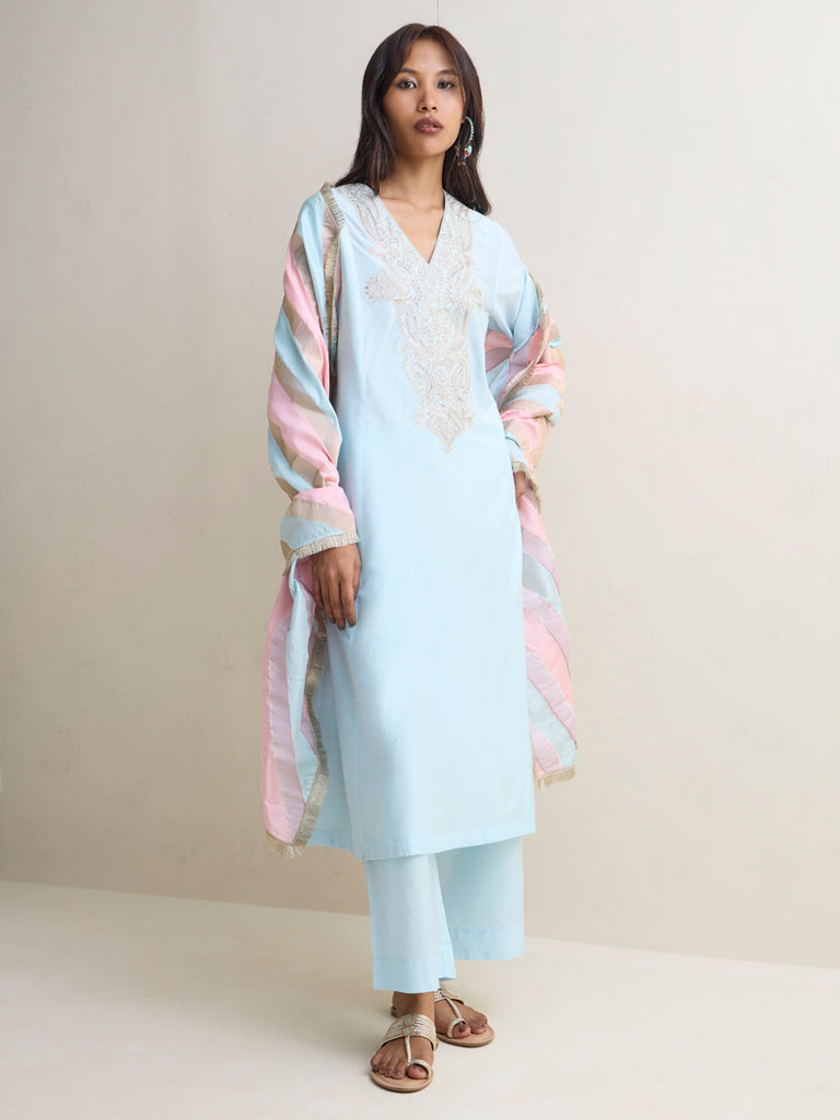 Vark Blue Embroidered A-Line Ethnic Set