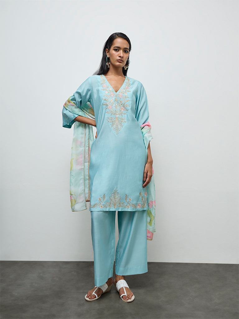 Vark Blue Floral Embroidered A-Line Ethnic Set