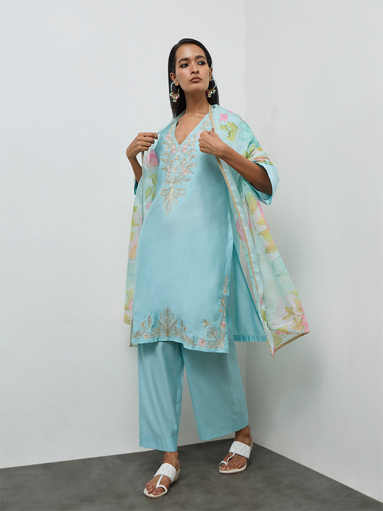 Vark Blue Floral Embroidered A-Line Ethnic Set