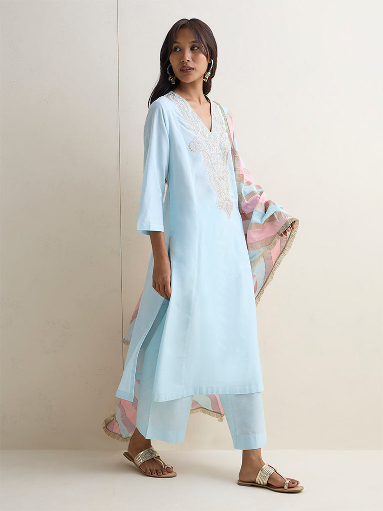 Vark Blue Embroidered A-Line Ethnic Set