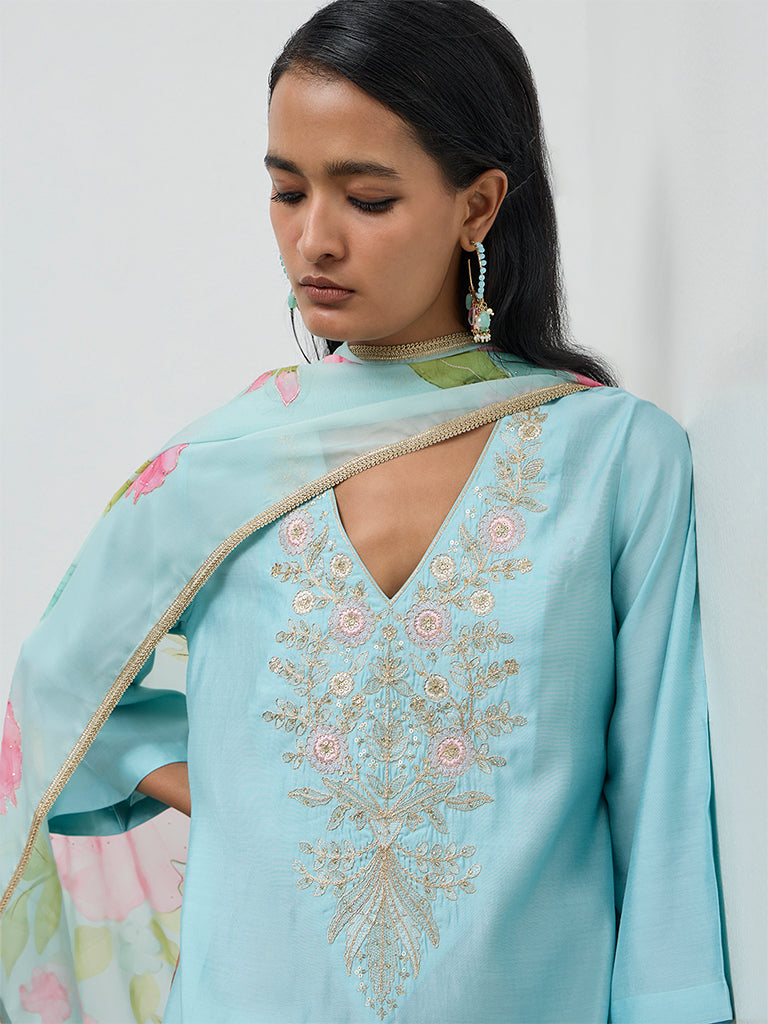 Vark Blue Floral Embroidered A-Line Ethnic Set