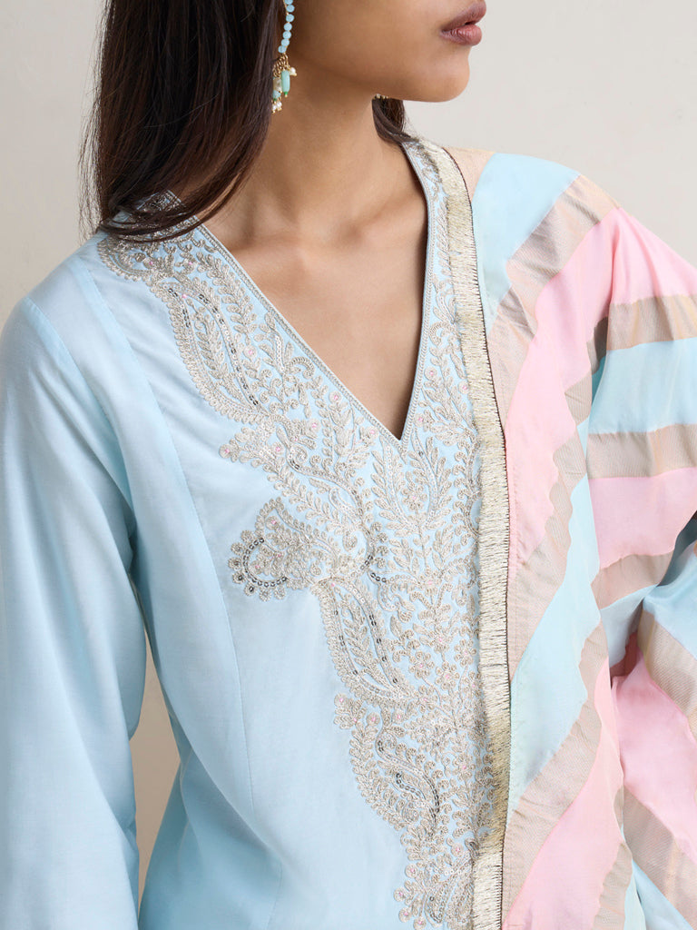 Vark Blue Embroidered A-Line Ethnic Set