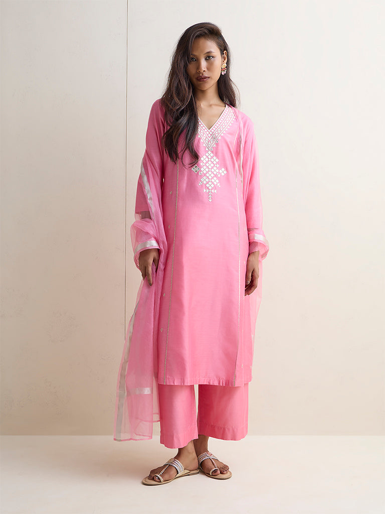Vark Pink Mirror Work A-Line Ethnic Set