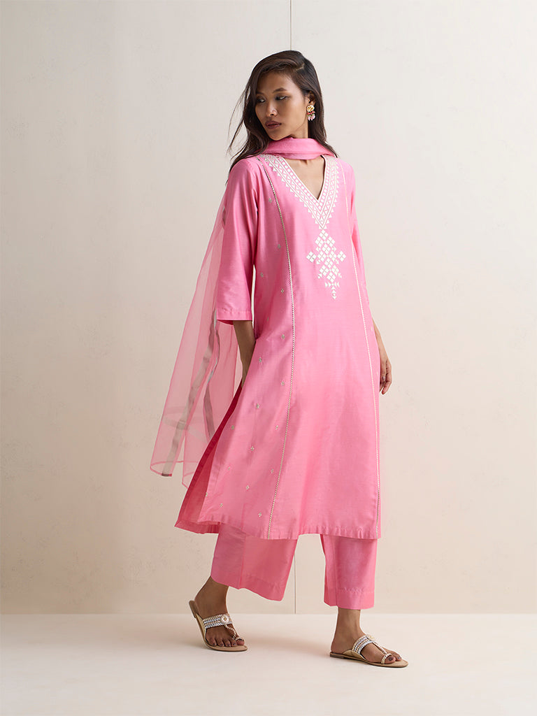 Vark Pink Mirror Work A-Line Ethnic Set