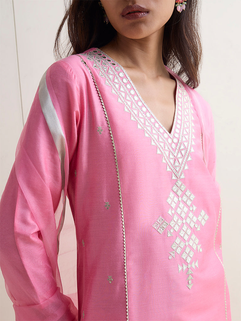 Vark Pink Mirror Work A-Line Ethnic Set