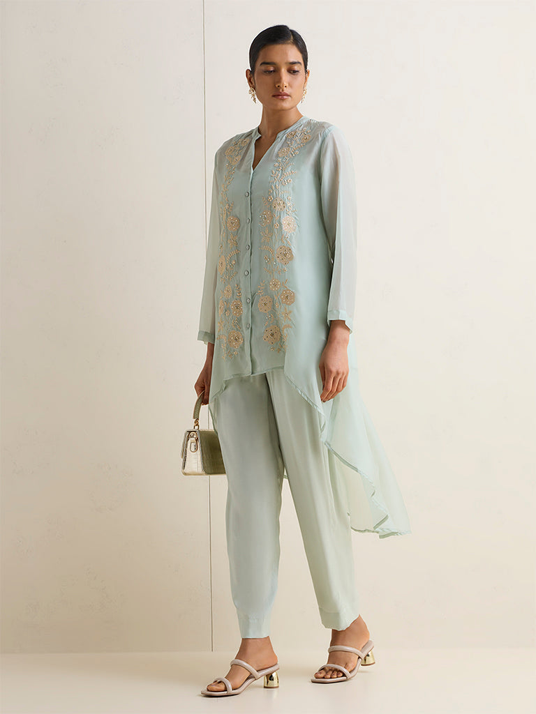 Vark Aqua Floral Embroidered High-Low Ethnic Set