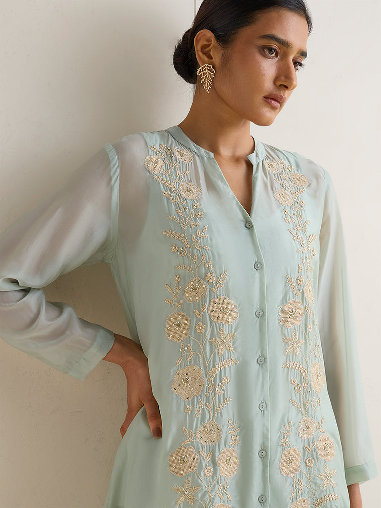 Vark Aqua Floral Embroidered High-Low Ethnic Set