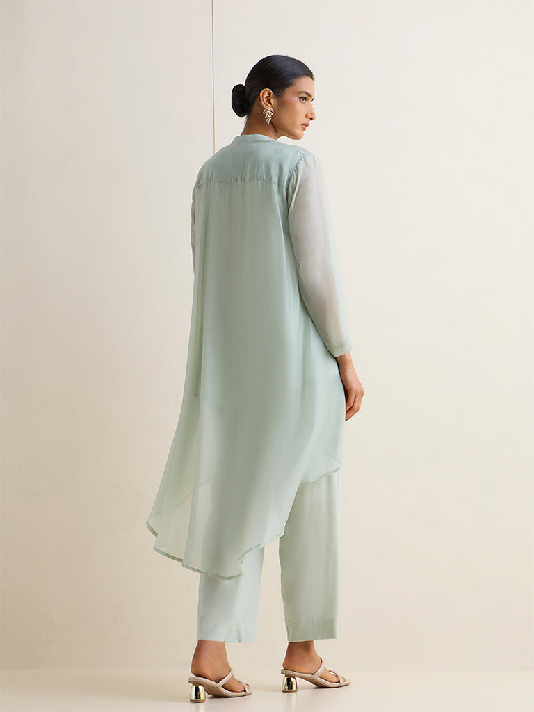 Vark Aqua Floral Embroidered High-Low Ethnic Set