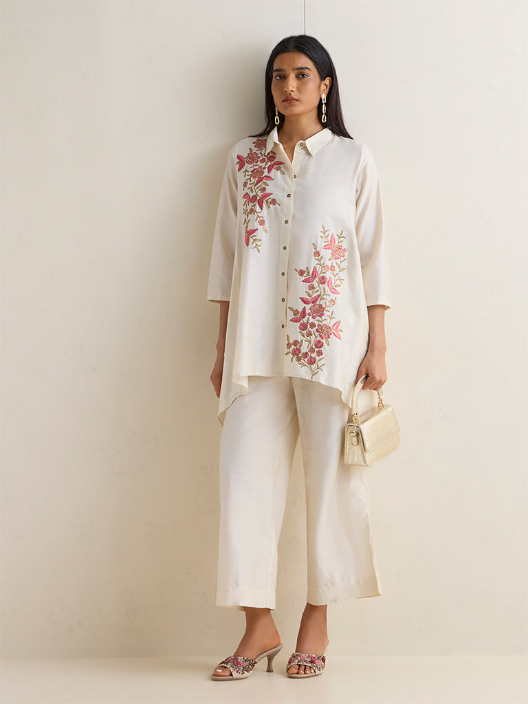 Vark Off-White Floral Embroidered Ethnic Set