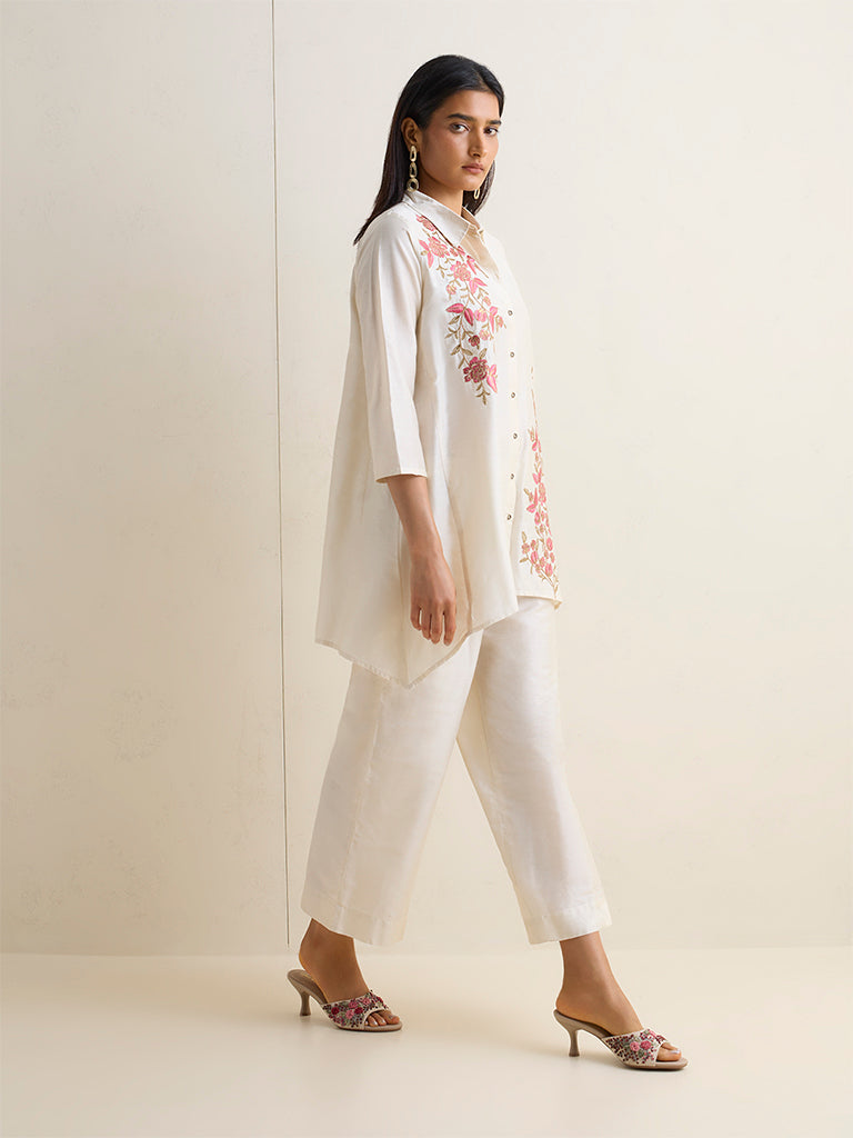Vark Off-White Floral Embroidered Ethnic Set