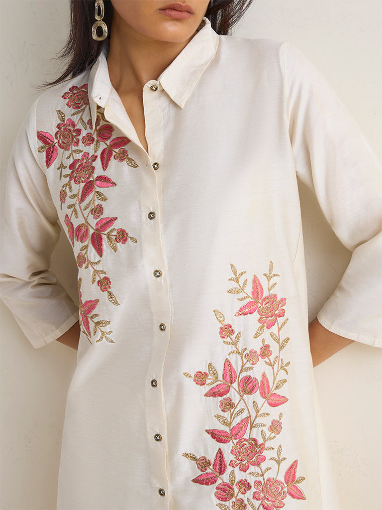 Vark Off-White Floral Embroidered Ethnic Set