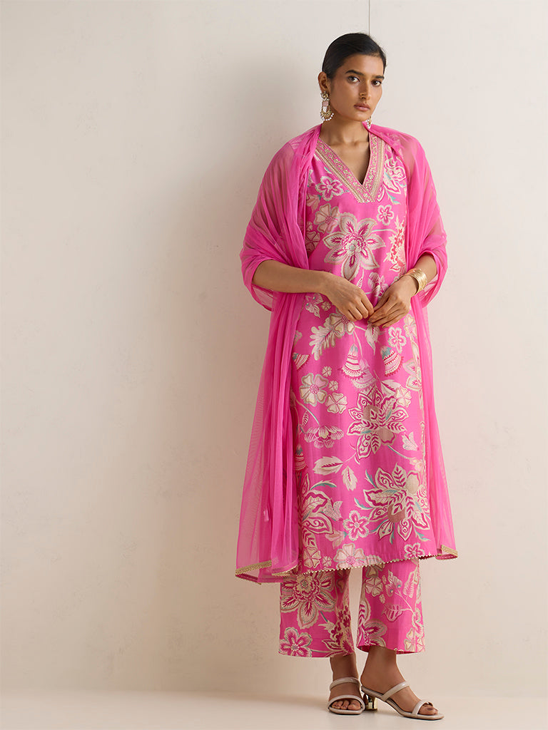 Vark Pink Floral Printed A-Line Ethnic Set