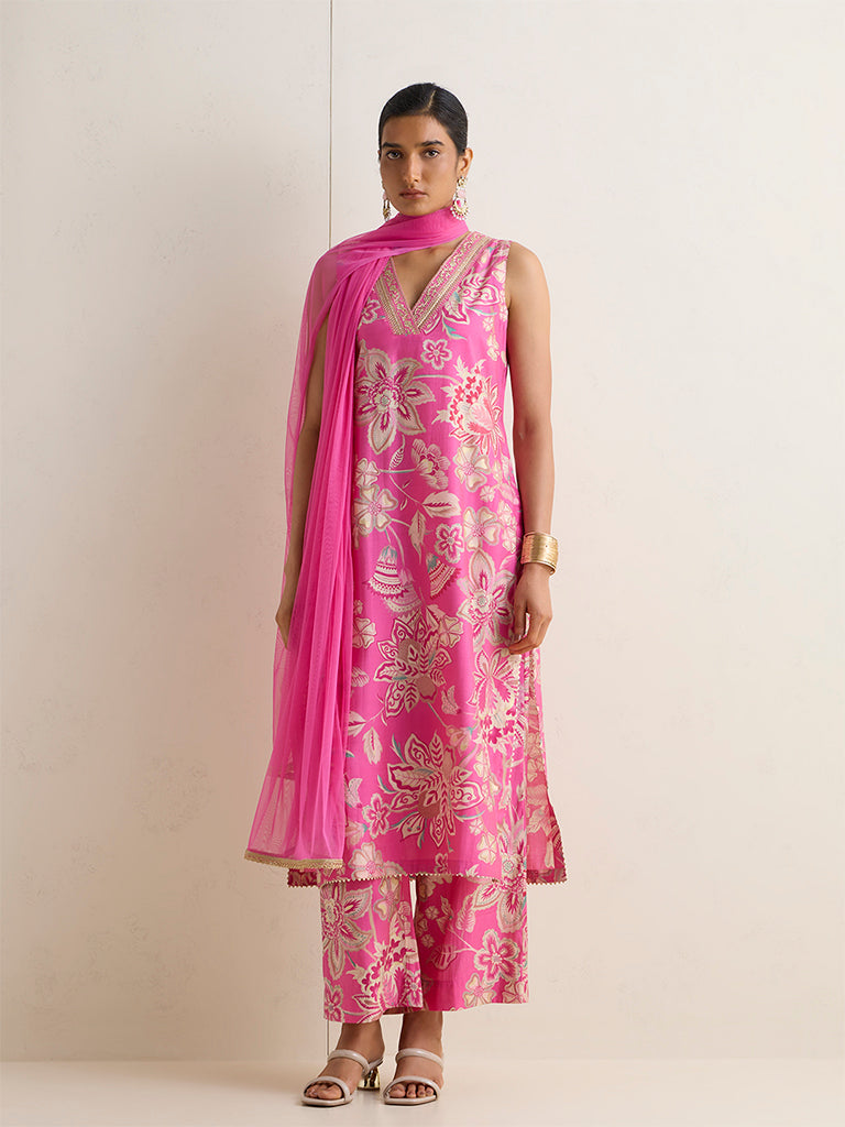 Vark Pink Floral Printed A-Line Ethnic Set