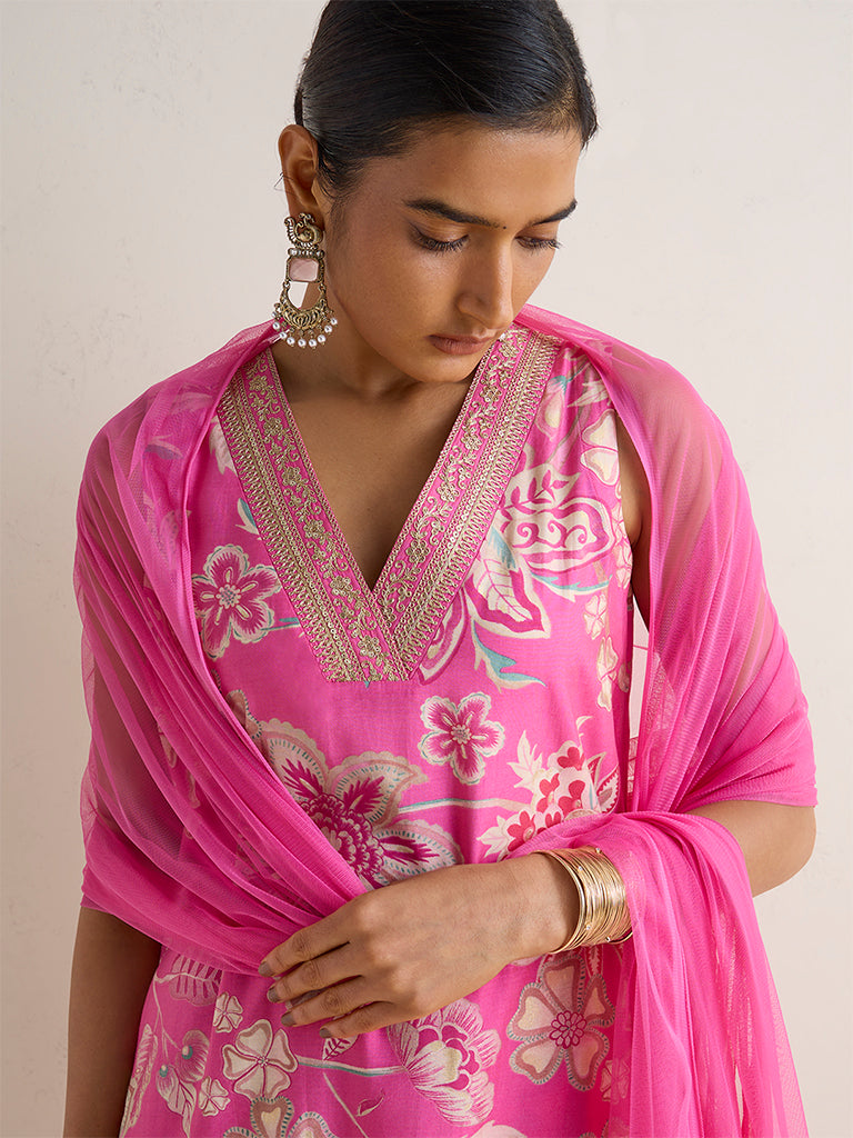 Vark Pink Floral Printed A-Line Ethnic Set