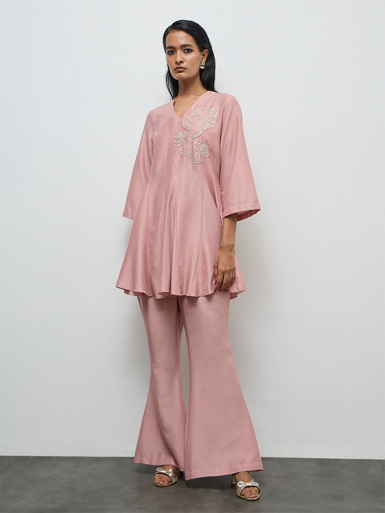 Vark Dusty Pink Floral Embroidered Ethnic Set