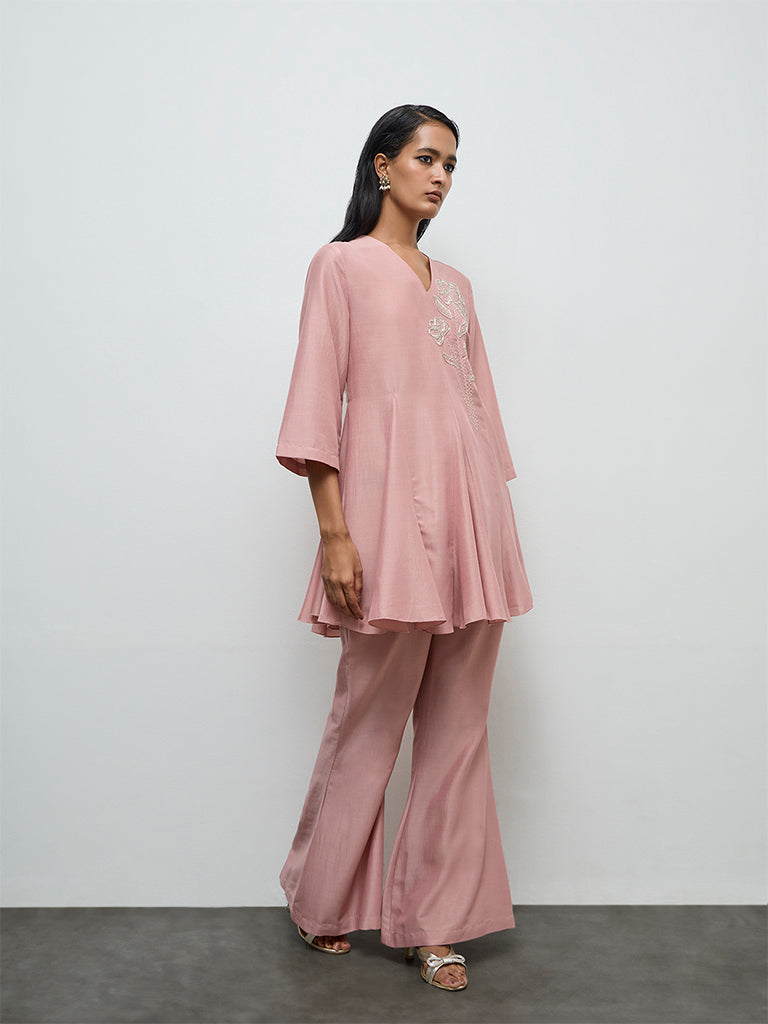Vark Dusty Pink Floral Embroidered Ethnic Set