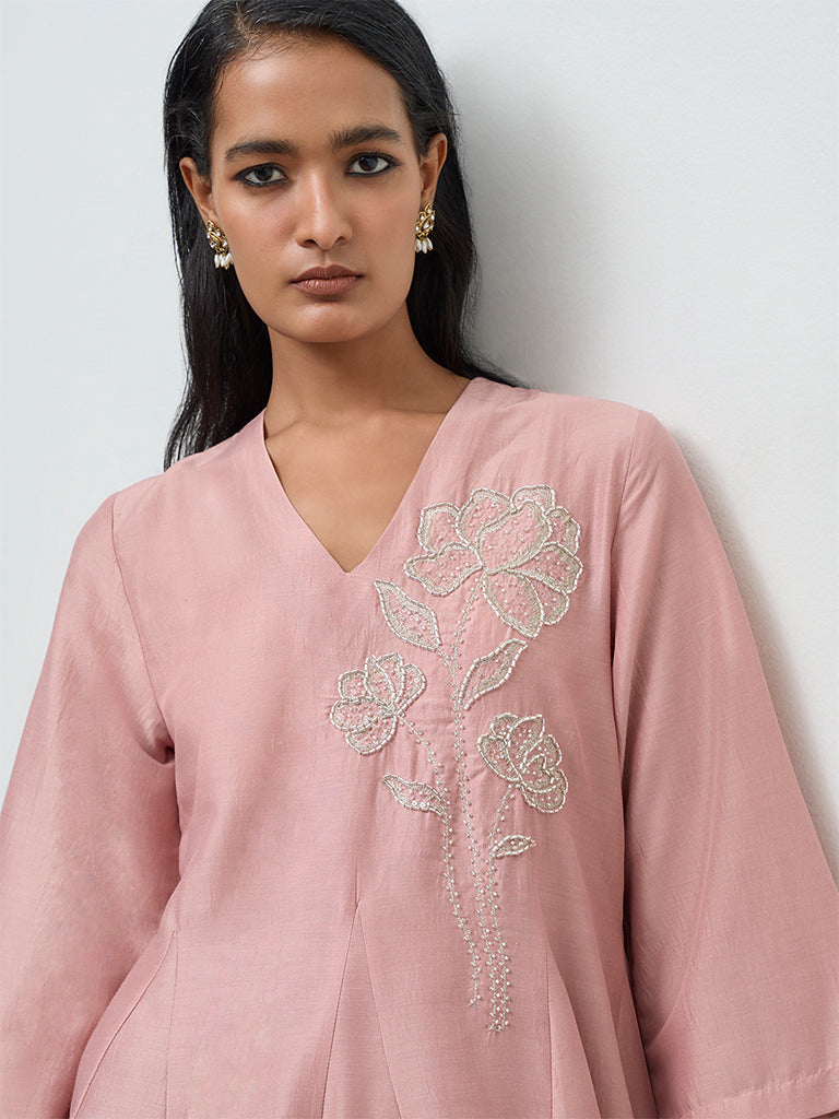 Vark Dusty Pink Floral Embroidered Ethnic Set