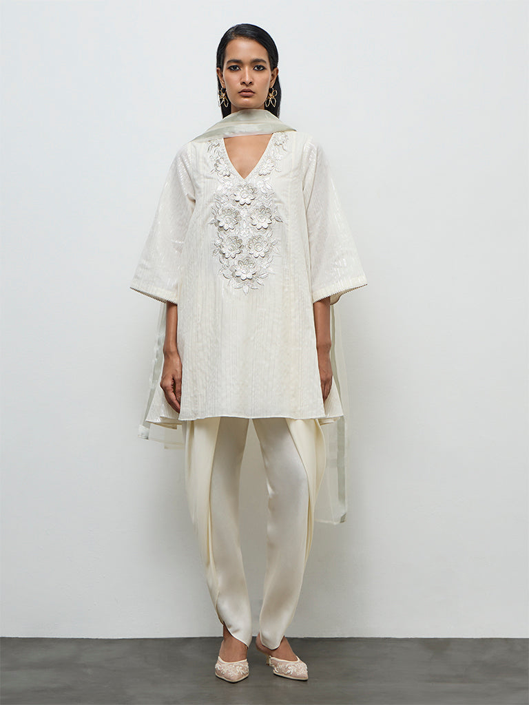 Vark Off-White Floral Embroidered Cotton-Blend A-Line Ethnic Set