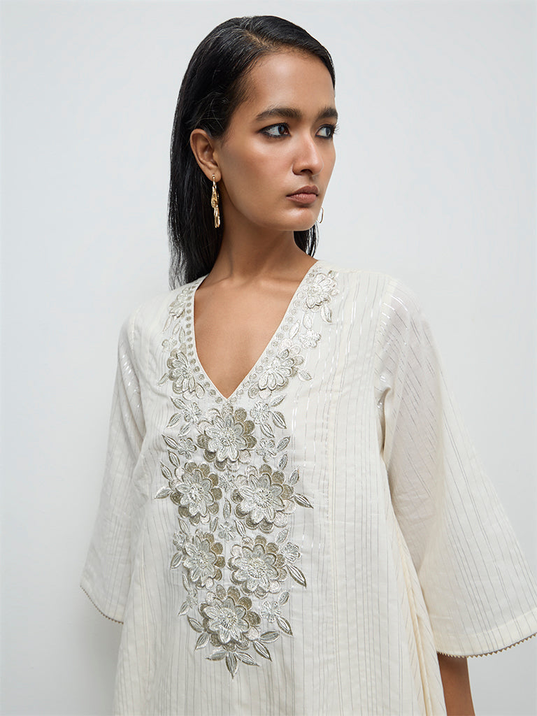Vark Off-White Floral Embroidered Cotton-Blend A-Line Ethnic Set