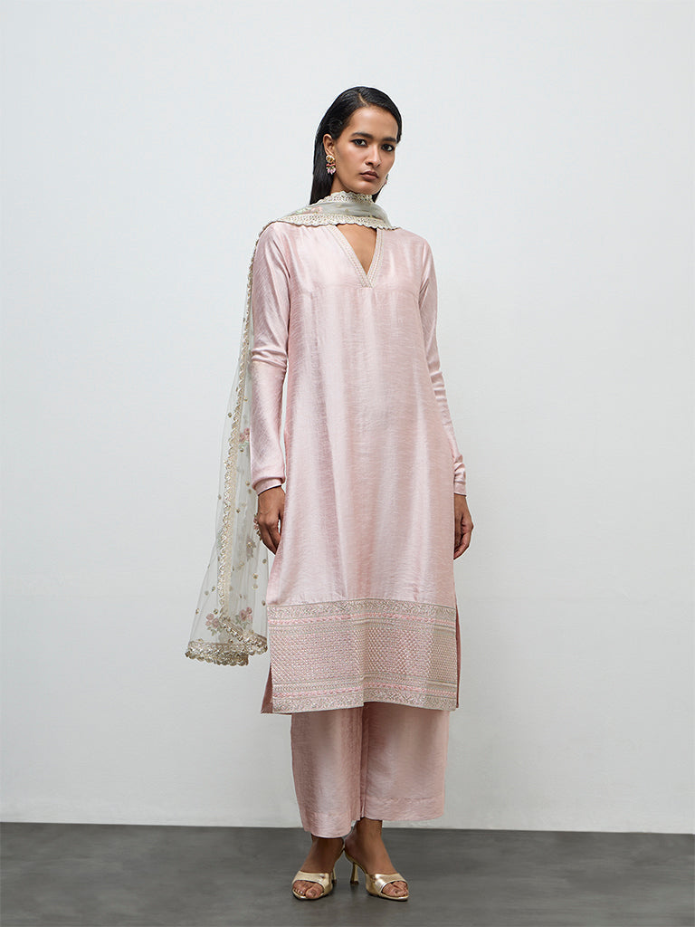 Vark Light Pink Embroidered A-Line Ethnic Set