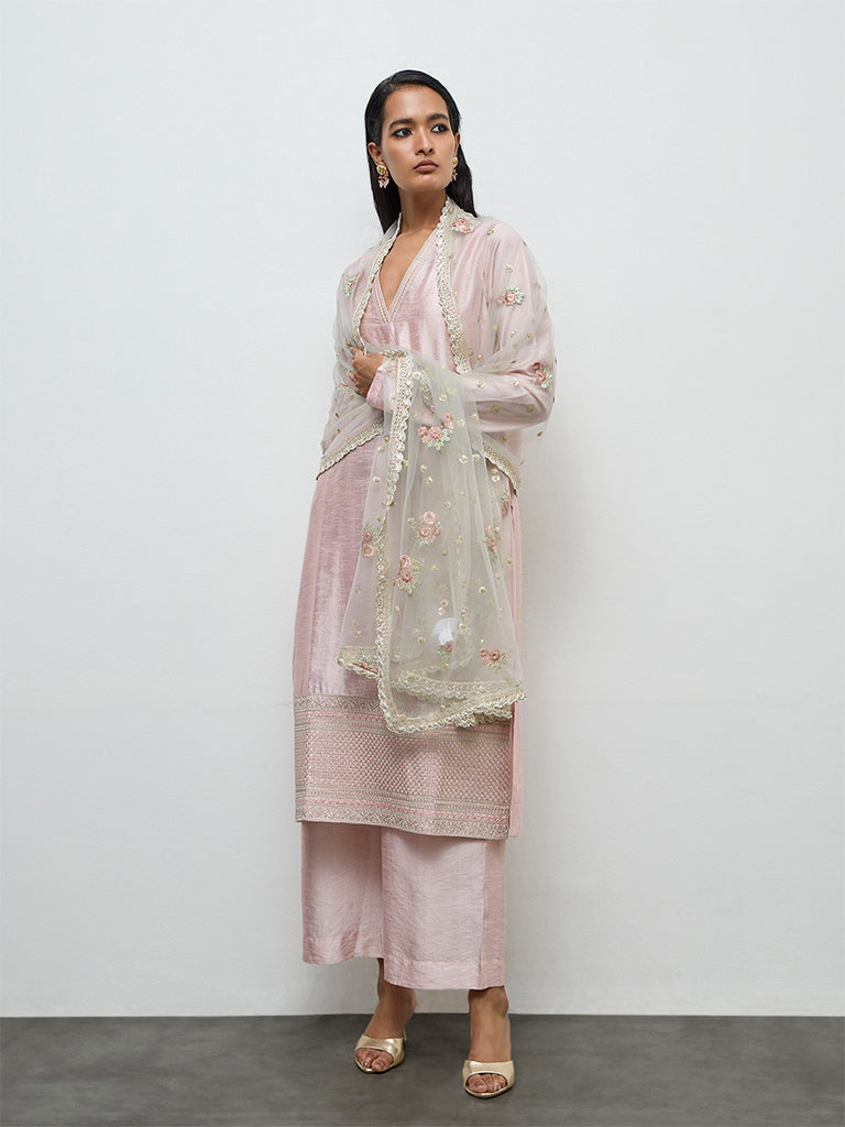 Vark Light Pink Embroidered A-Line Ethnic Set